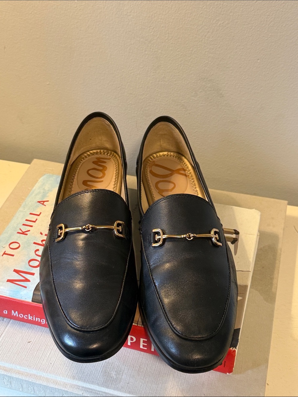 Sam Edelman Black Leather Bit Loafers with Gold Hardware